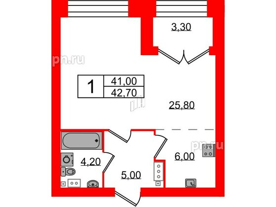 Квартира в ЖК Наука, 1 комнатная, 42.7 м², 10 этаж