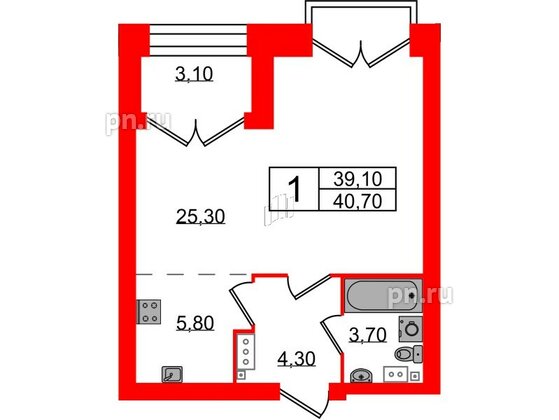 Квартира в ЖК Наука, 1 комнатная, 40.7 м², 10 этаж