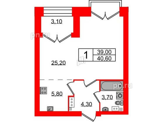 Квартира в ЖК Наука, 1 комнатная, 40.6 м², 11 этаж