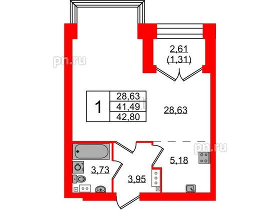 Квартира в ЖК Наука, 1 комнатная, 42.8 м², 5 этаж