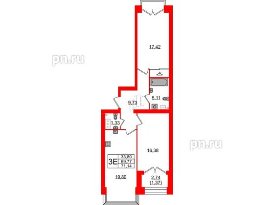 Квартира в ЖК Наука, 2 комнатная, 71.14 м², 9 этаж