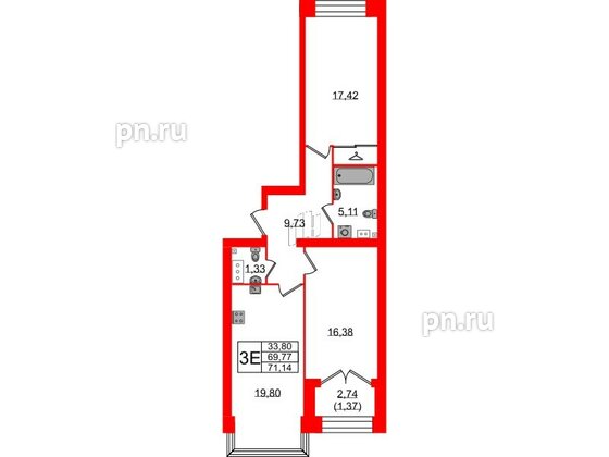 Квартира в ЖК Наука, 2 комнатная, 71.14 м², 10 этаж