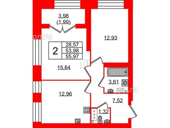Квартира в ЖК Наука, 2 комнатная, 56.1 м², 2 этаж