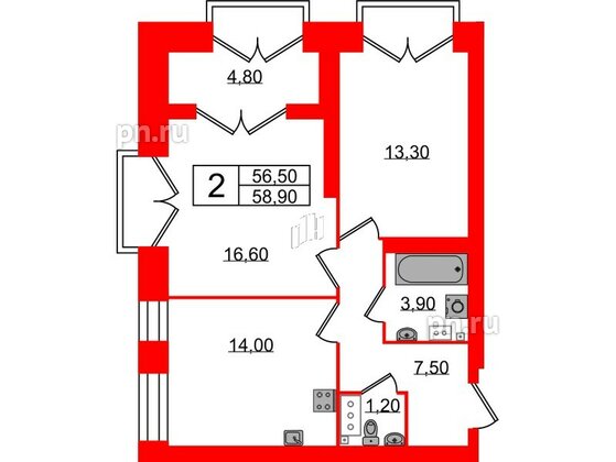 Квартира в ЖК Наука, 2 комнатная, 58.9 м², 11 этаж