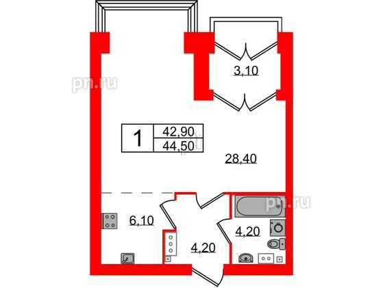 Квартира в ЖК Наука, 1 комнатная, 44.5 м², 11 этаж