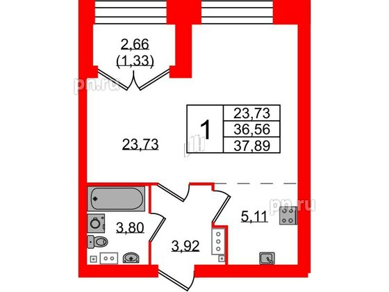 Квартира в ЖК Наука, 1 комнатная, 37.89 м², 9 этаж