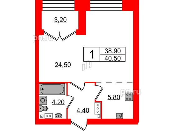 Квартира в ЖК Наука, 1 комнатная, 40.5 м², 11 этаж