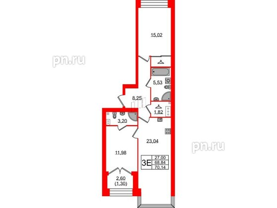 Квартира в ЖК Наука, 2 комнатная, 70.14 м², 9 этаж