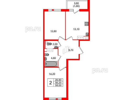 Квартира в ЖК Монография, 2 комнатная, 58 м², 9 этаж