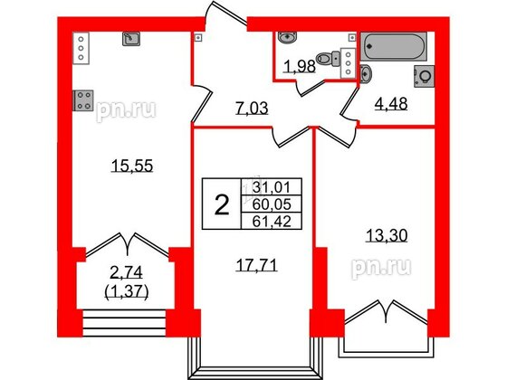 Квартира в ЖК Наука, 2 комнатная, 61.42 м², 9 этаж