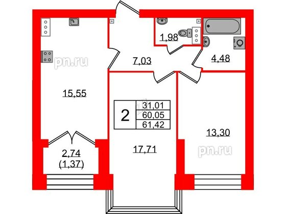 Квартира в ЖК Наука, 2 комнатная, 61.42 м², 10 этаж