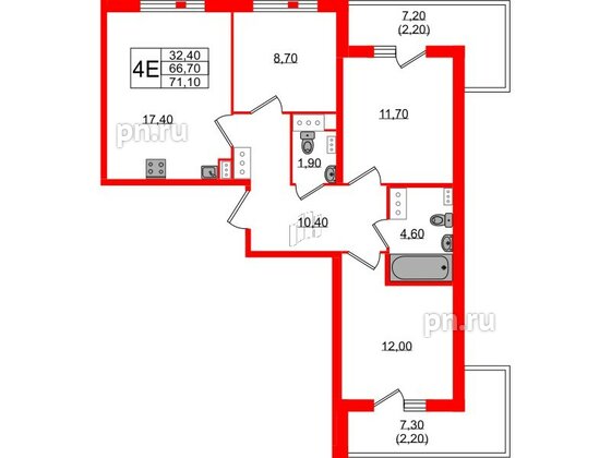 Квартира в ЖК Монография, 3 комнатная, 71.1 м², 8 этаж