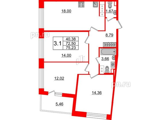 Квартира в ЖК «Amber Club на Васильевском», 3 комнатная, 72.5 м², 3 этаж