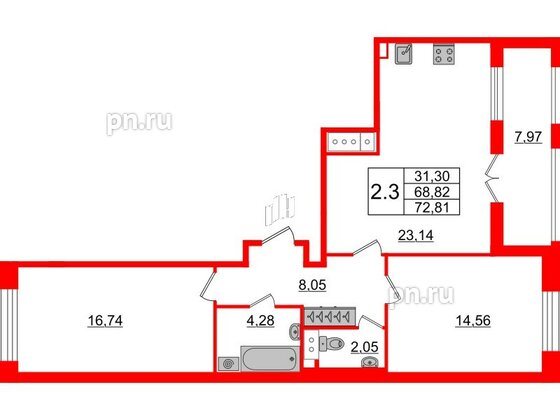 Квартира в ЖК «Amber Club на Васильевском», 2 комнатная, 68.82 м², 9 этаж