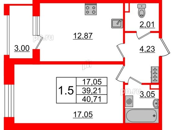 Квартира в ЖК «Amber Club на Васильевском», 1 комнатная, 39.21 м², 2 этаж