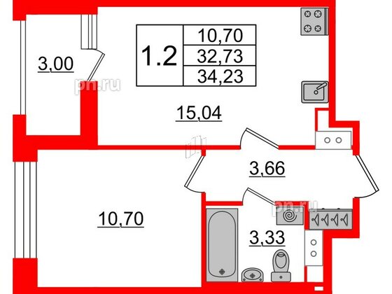 Квартира в ЖК «Amber Club на Васильевском», 1 комнатная, 32.73 м², 8 этаж