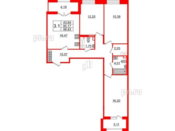 Квартира в ЖК «Amber Club на Васильевском», 3 комнатная, 85.17 м², 10 этаж