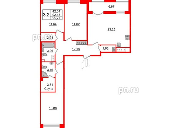 Квартира в ЖК «Amber Club на Васильевском», 3 комнатная, 92.43 м², 4 этаж