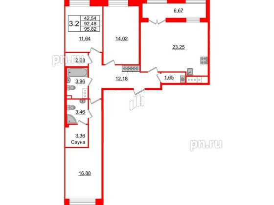 Квартира в ЖК «Amber Club на Васильевском», 3 комнатная, 92.48 м², 3 этаж