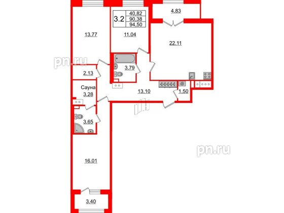 Квартира в ЖК «Amber Club на Васильевском», 3 комнатная, 90.38 м², 3 этаж