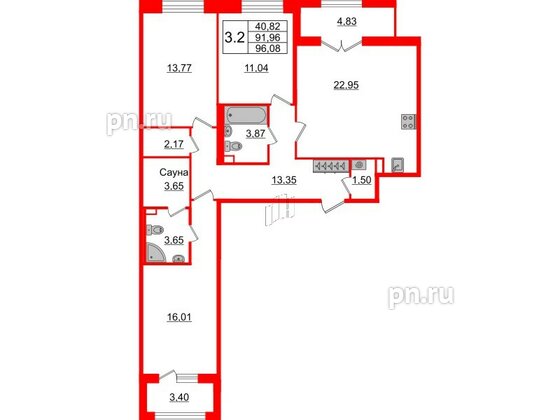 Квартира в ЖК «Amber Club на Васильевском», 3 комнатная, 91.96 м², 2 этаж