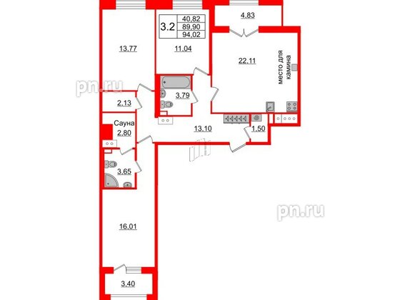 Квартира в ЖК «Amber Club на Васильевском», 3 комнатная, 89.9 м², 12 этаж