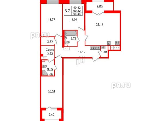 Квартира в ЖК «Amber Club на Васильевском», 3 комнатная, 89.5 м², 4 этаж