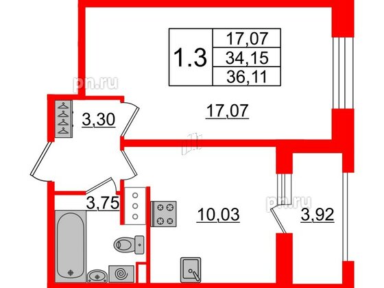 Квартира в ЖК «Amber Club на Васильевском», 1 комнатная, 34.15 м², 7 этаж