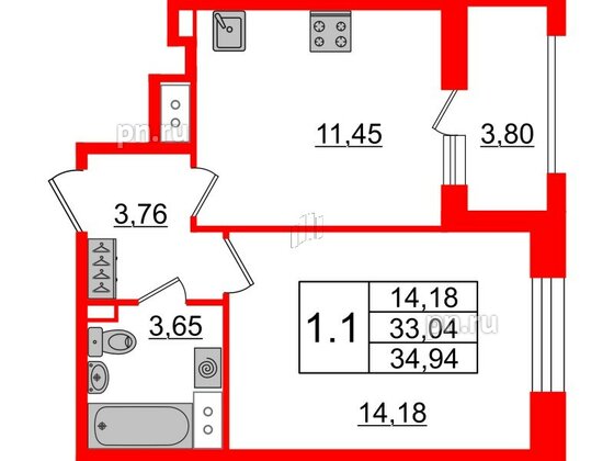 Квартира в ЖК «Amber Club на Васильевском», 1 комнатная, 33.04 м², 11 этаж