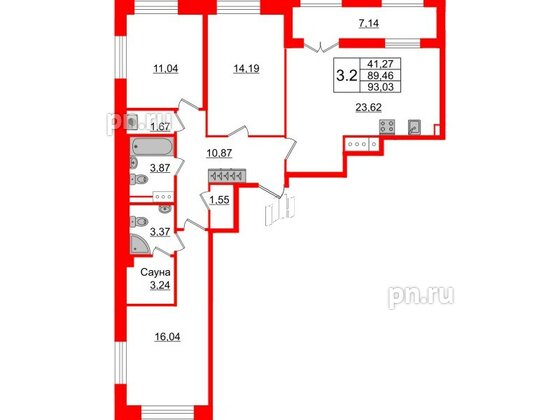 Квартира в ЖК «Amber Club на Васильевском», 3 комнатная, 89.46 м², 4 этаж