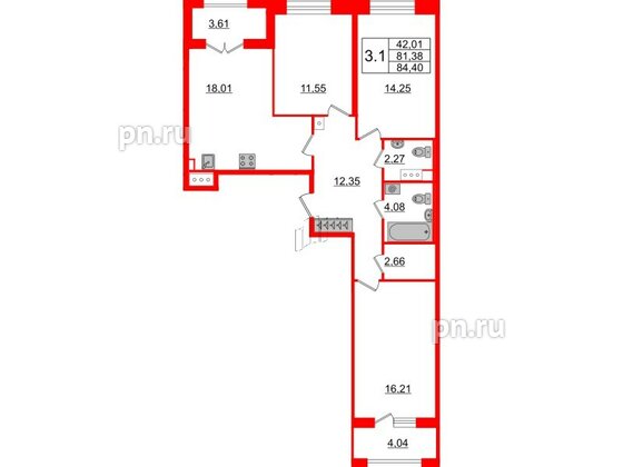 Квартира в ЖК «Amber Club на Васильевском», 3 комнатная, 81.38 м², 5 этаж