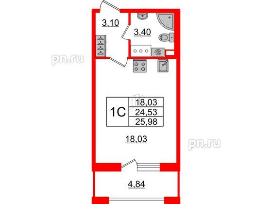 Квартира в ЖК «Amber Club на Васильевском», студия, 24.53 м², 12 этаж