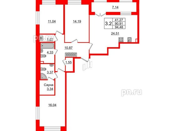 Квартира в ЖК «Amber Club на Васильевском», 3 комнатная, 90.91 м², 2 этаж