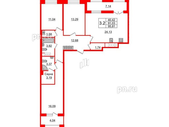 Квартира в ЖК «Amber Club на Васильевском», 3 комнатная, 91.03 м², 5 этаж