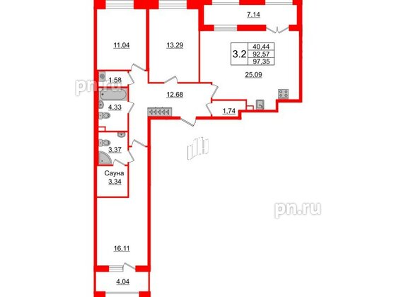 Квартира в ЖК «Amber Club на Васильевском», 3 комнатная, 92.57 м², 2 этаж