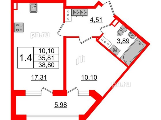 Квартира в ЖК «Amber Club на Васильевском», 1 комнатная, 35.81 м², 3 этаж