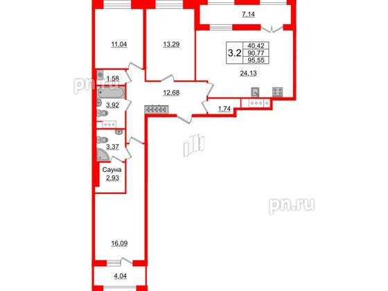 Квартира в ЖК «Amber Club на Васильевском», 3 комнатная, 89.8 м², 10 этаж