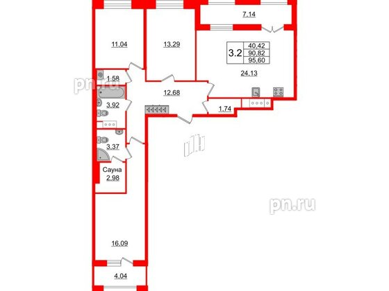 Квартира в ЖК «Amber Club на Васильевском», 3 комнатная, 90.82 м², 9 этаж