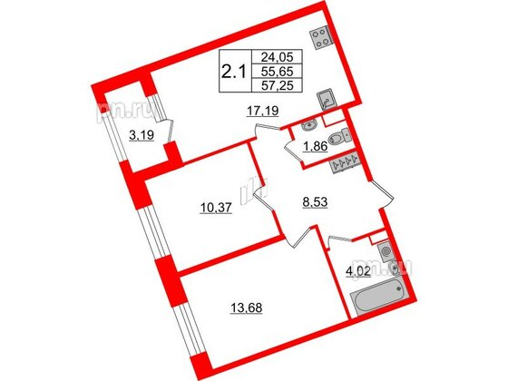 Квартира в ЖК «Amber Club на Васильевском», 2 комнатная, 55.65 м², 3 этаж