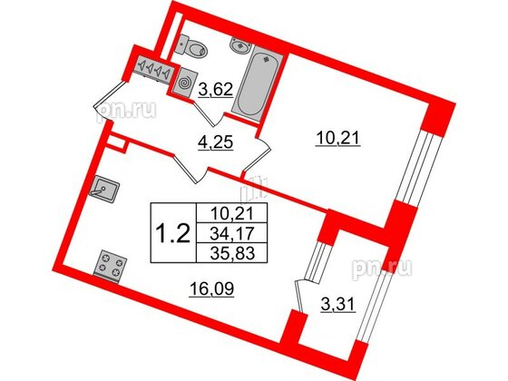 Квартира в ЖК «Amber Club на Васильевском», 1 комнатная, 34.17 м², 2 этаж