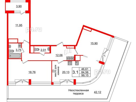 Квартира в ЖК «Amber Club на Васильевском», 3 комнатная, 84.56 м², 6 этаж