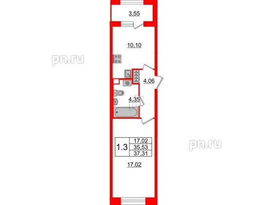 Квартира в ЖК «Amber Club на Васильевском», 1 комнатная, 35.53 м², 2 этаж