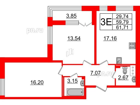 Квартира в ЖК Морская набережная.SeaView 2, 2 комнатная, 61.71 м², 16 этаж