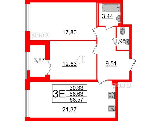 Квартира в ЖК Морская набережная.SeaView 2, 2 комнатная, 68.57 м², 15 этаж