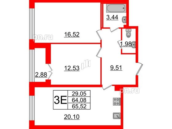 Квартира в ЖК Морская набережная.SeaView 2, 2 комнатная, 65.52 м², 16 этаж