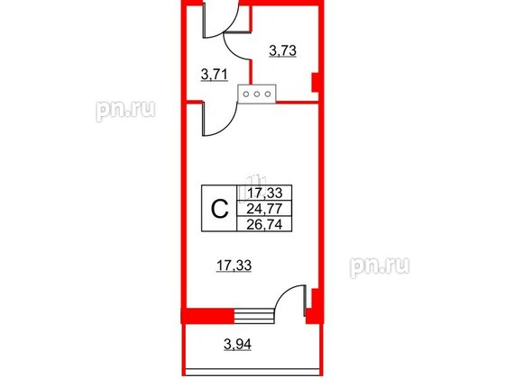 Апартаменты в ЖК Wings, студия, 27.6 м², 9 этаж