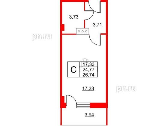 Апартаменты в ЖК Wings, студия, 27.3 м², 15 этаж