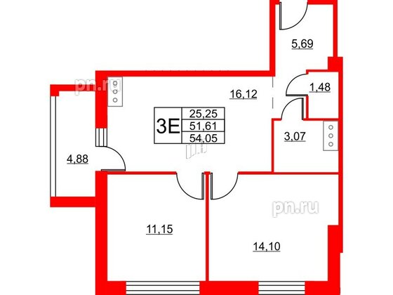 Апартаменты в ЖК Wings, 2 комнатные, 54.9 м², 9 этаж