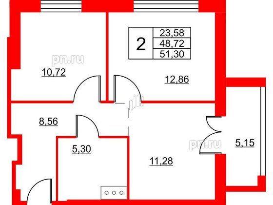 Апартаменты в ЖК Wings, 2 комнатные, 52.6 м², 2 этаж