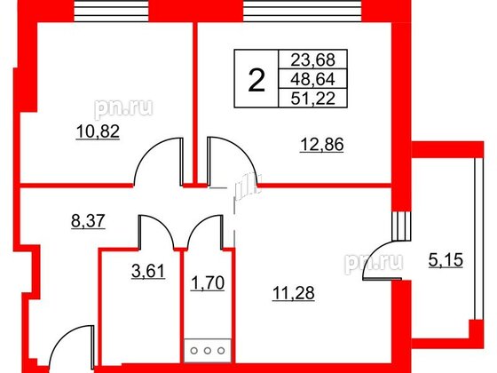 Апартаменты в ЖК Wings, 2 комнатные, 52.4 м², 10 этаж